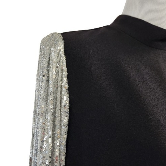 🆕️⬇️Nicole Miller Black Stretch Crepe Camille Dress With Sequin Puff Sleeves - Picture 3 of 15